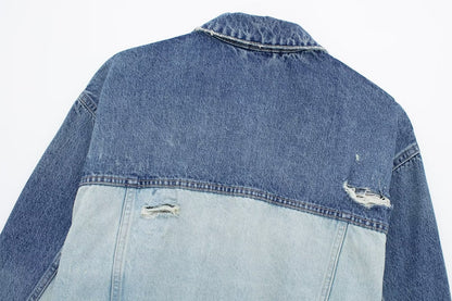 Polo Collar Long Sleeved Patchwork Denim Jacket