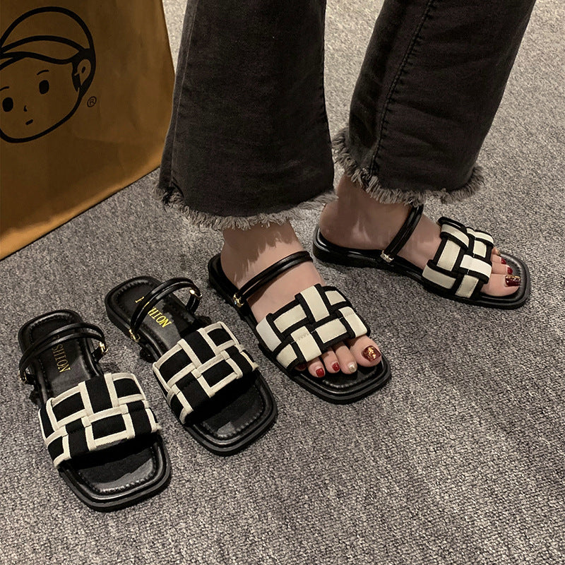 Square Toe Check Pattern Women's Flat