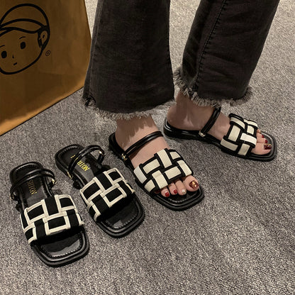 Square Toe Check Pattern Women's Flat