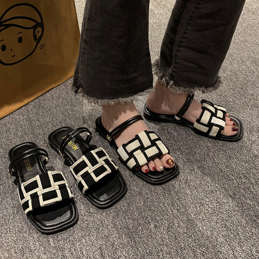 Square Toe Check Pattern Women's Flat