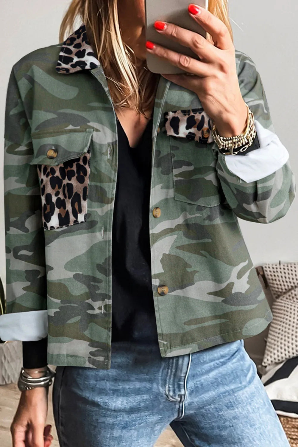 Camo Leopard Patchwork Flap Pocket Crop Jacket