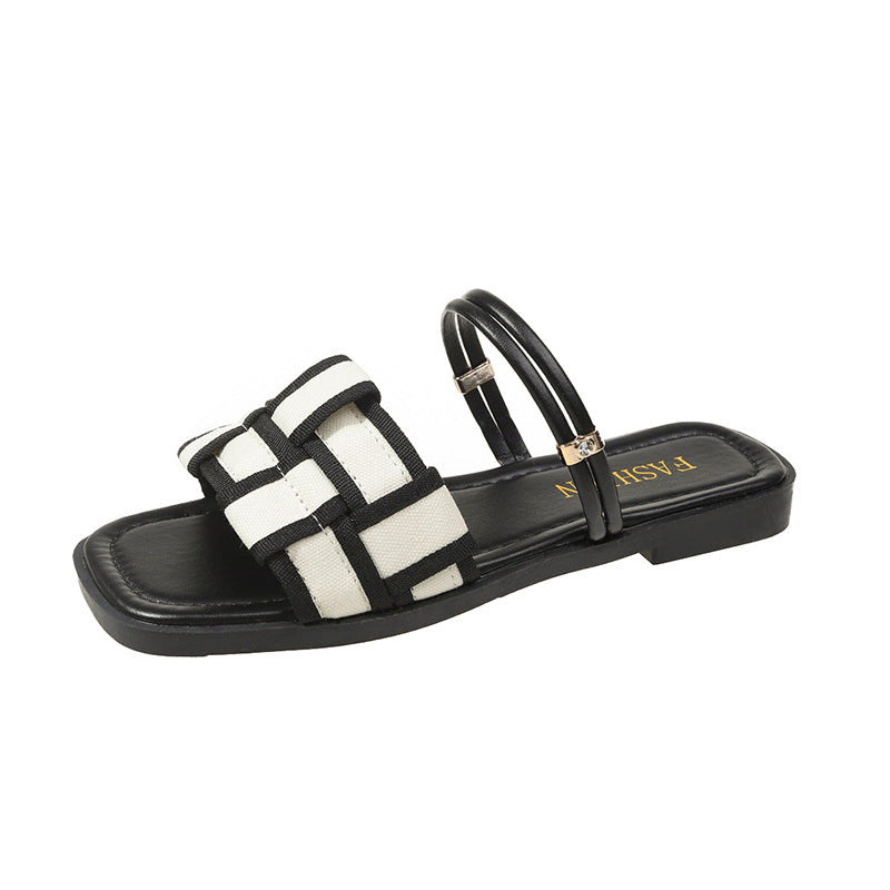Square Toe Check Pattern Women's Flat