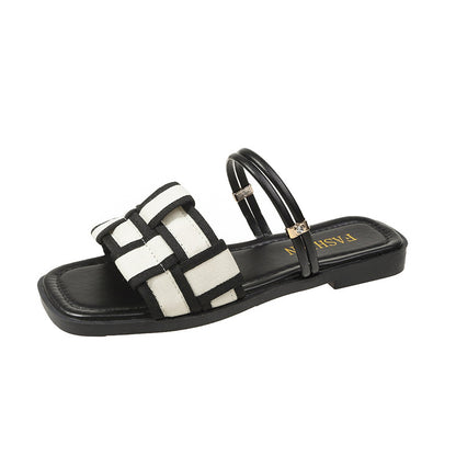 Square Toe Check Pattern Women's Flat