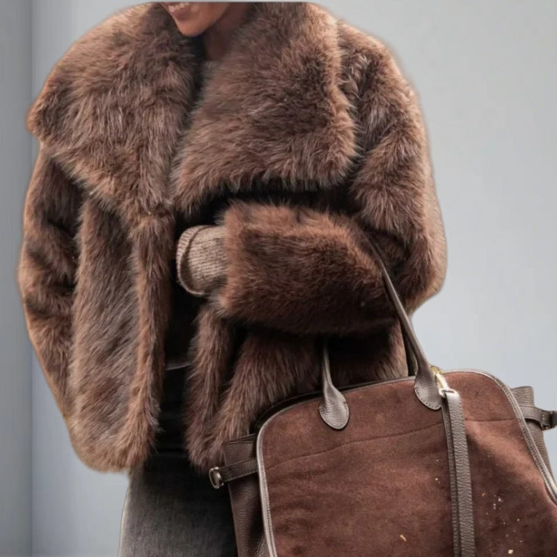 Women's Pure Color Versatile Faux Fur Collar Long Sleeve Coat
