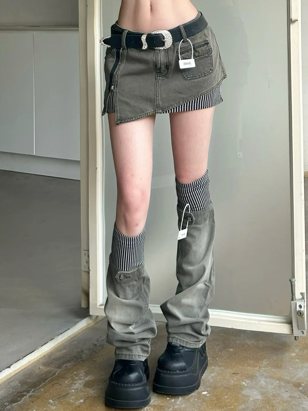 Retro Plus Size Striped Stitching Denim Suit Skirt