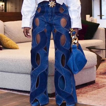 Women Cutout Criss Cross Straight Flare Denim