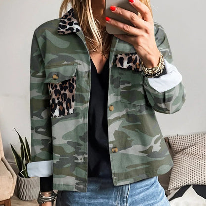 Camo Leopard Patchwork Flap Pocket Crop Jacket