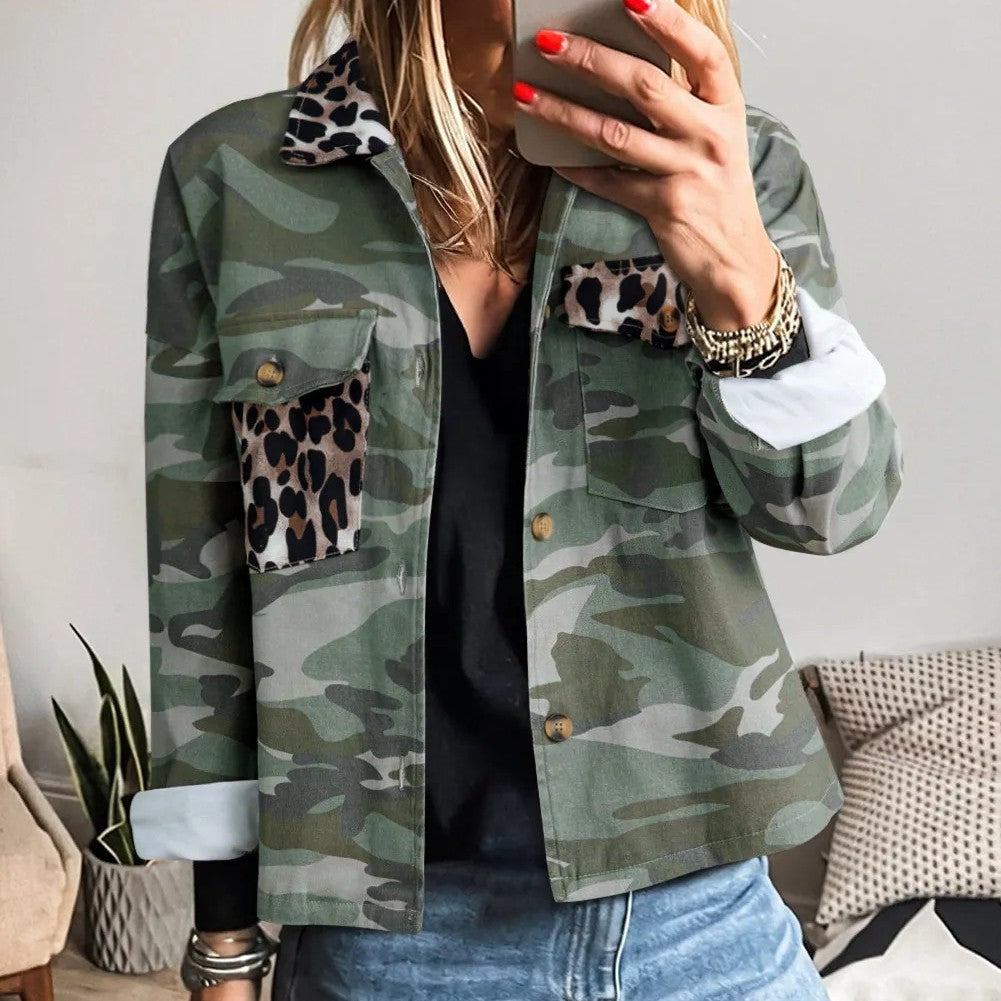 Camo Leopard Patchwork Flap Pocket Crop Jacket