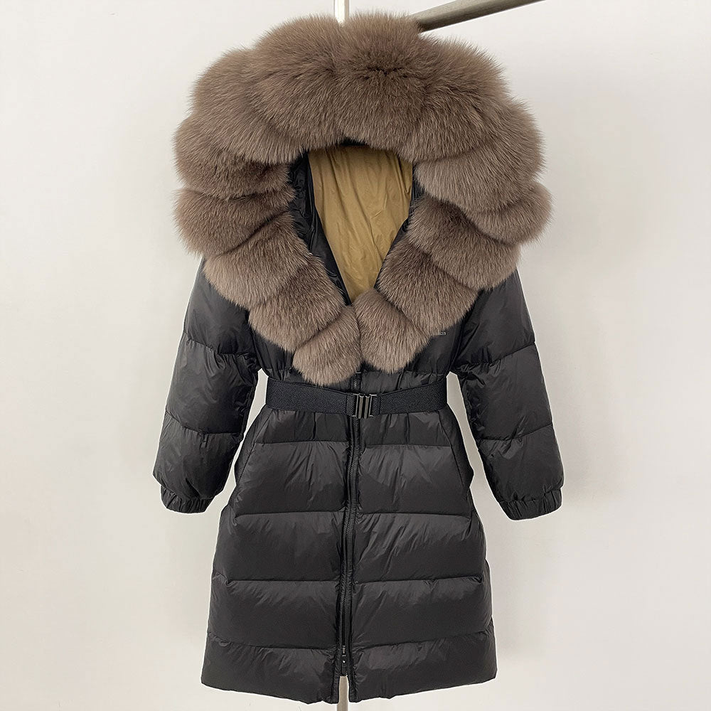 Women's Long Fur Jacket with Belt