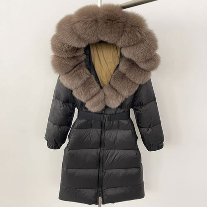 Women's Long Fur Jacket with Belt