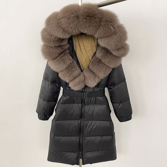 Women's Long Fur Jacket with Belt