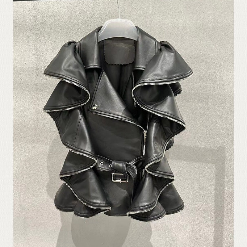 Rare Women’s Ruffled Leather Vest Jacket