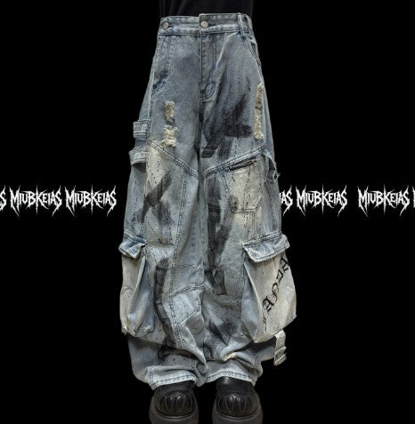 Multi-Pocket Ripped Wide-Leg Denim