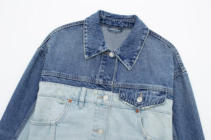 Polo Collar Long Sleeved Patchwork Denim Jacket