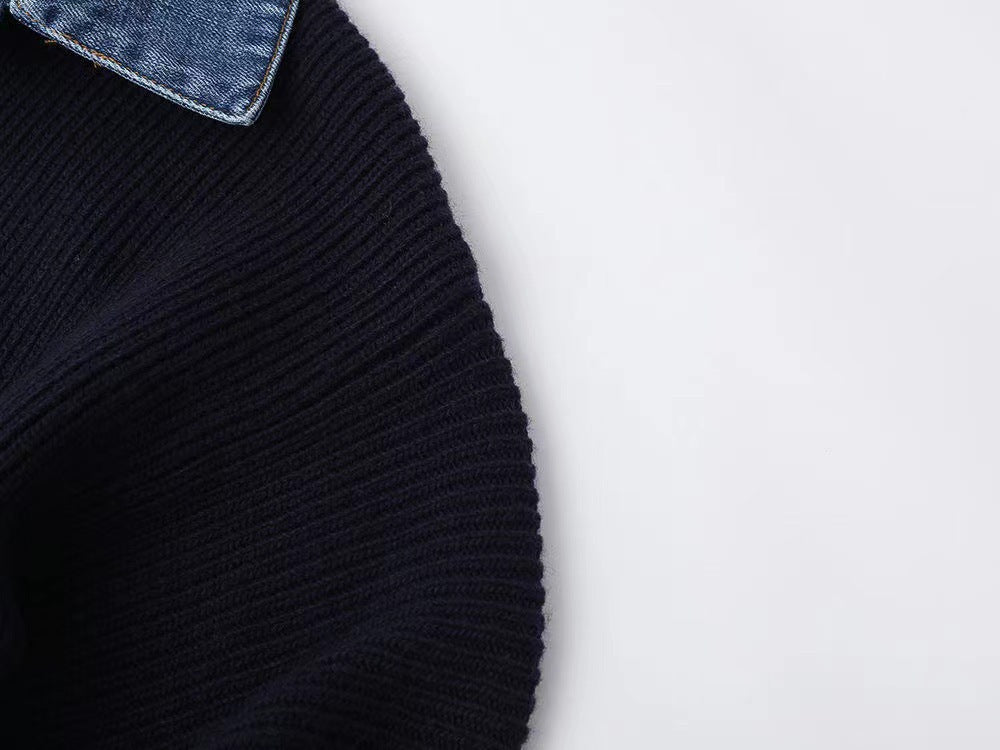 Women's Denim Patchwork Knitting Coat