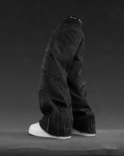 Retro Black Patchwork Streetwear Hole Jeans