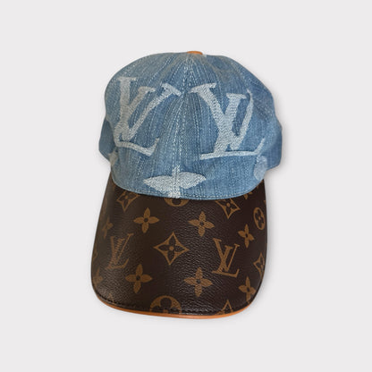 LV Style Monogram Denim and Brown Leather Baseball Cap Adjustable Strap