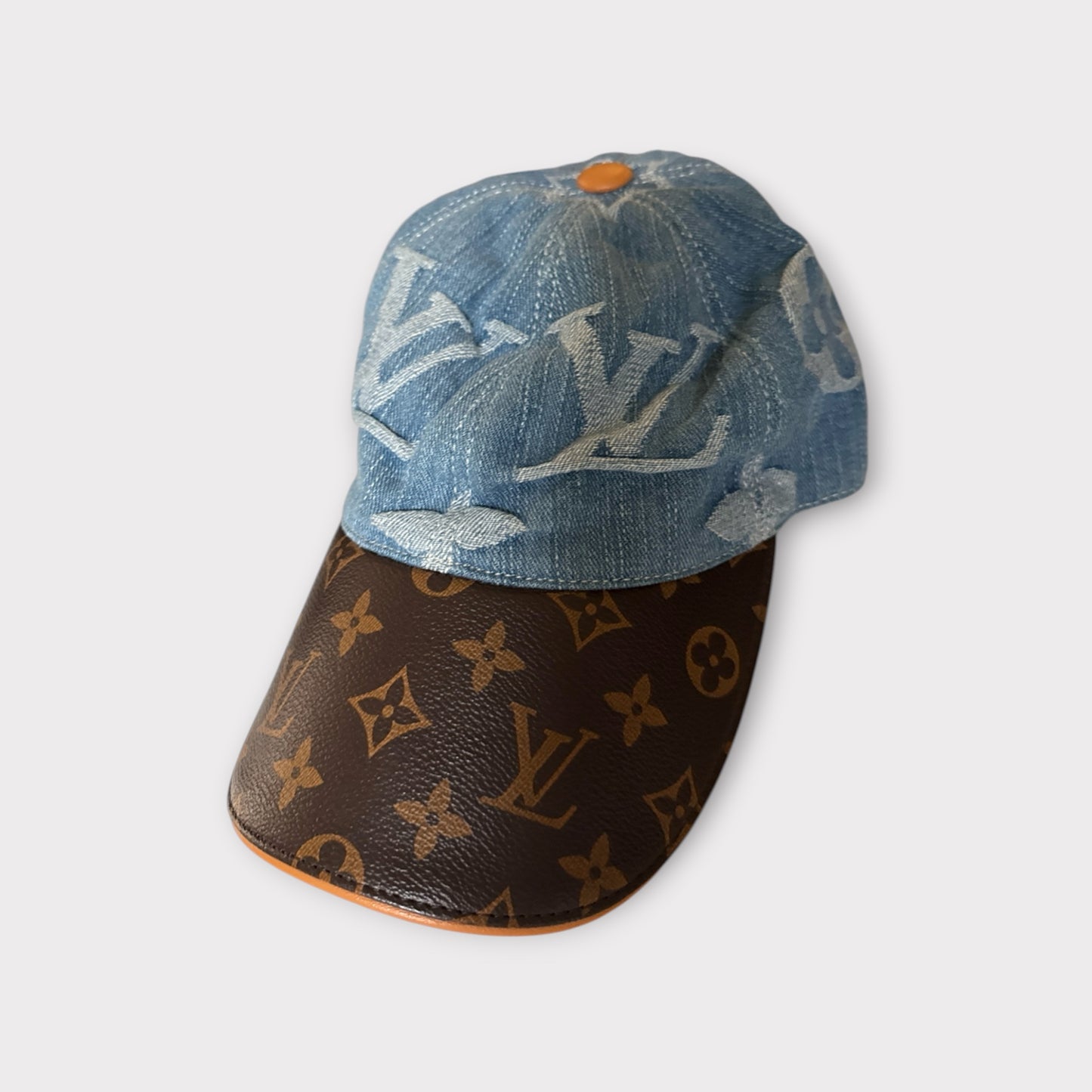LV Style Monogram Denim and Brown Leather Baseball Cap Adjustable Strap