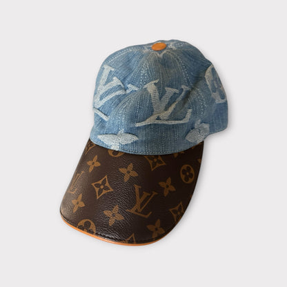 LV Style Monogram Denim and Brown Leather Baseball Cap Adjustable Strap