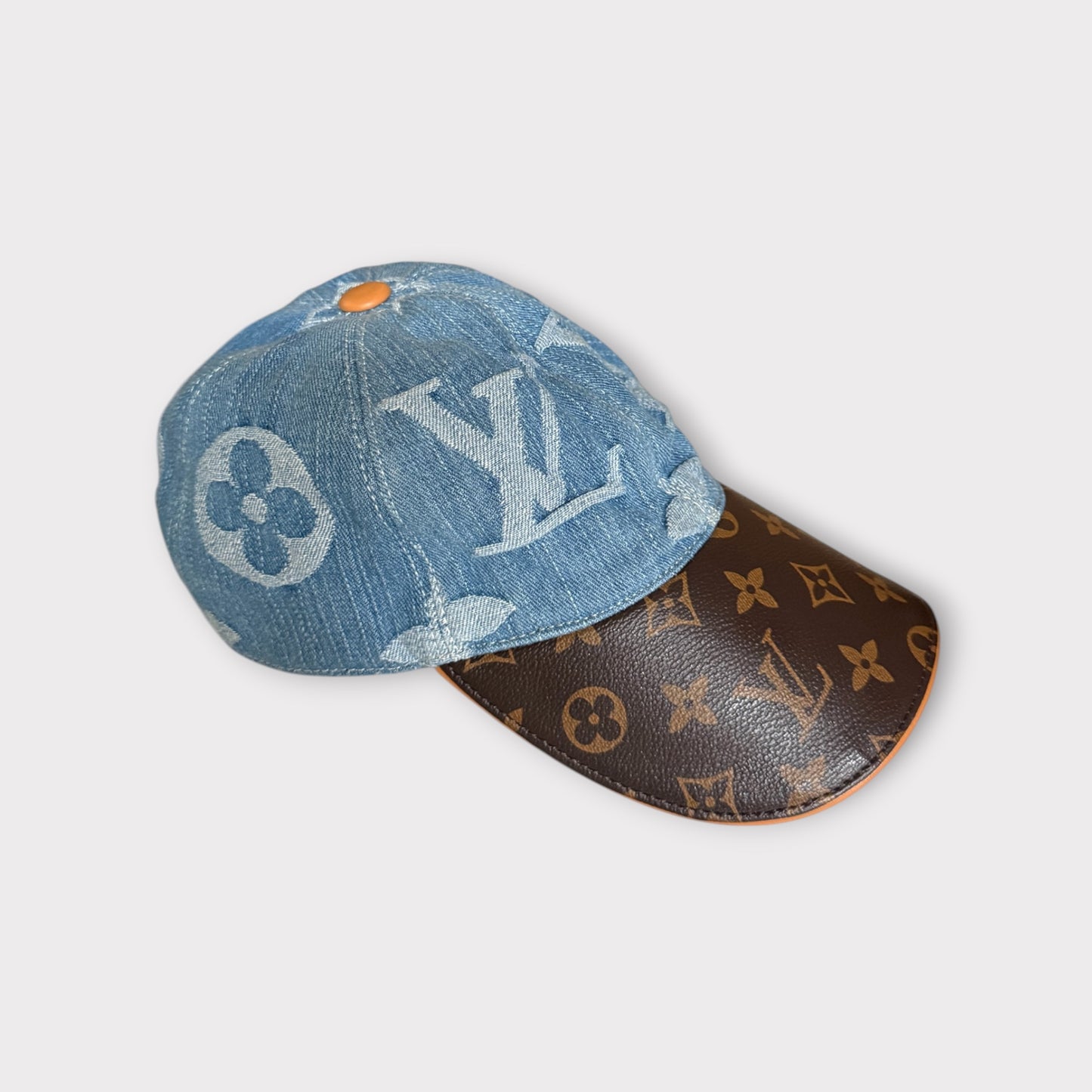 LV Style Monogram Denim and Brown Leather Baseball Cap Adjustable Strap