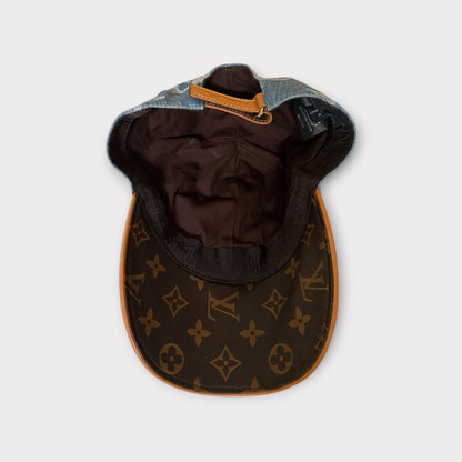 LV Style Monogram Denim and Brown Leather Baseball Cap Adjustable Strap