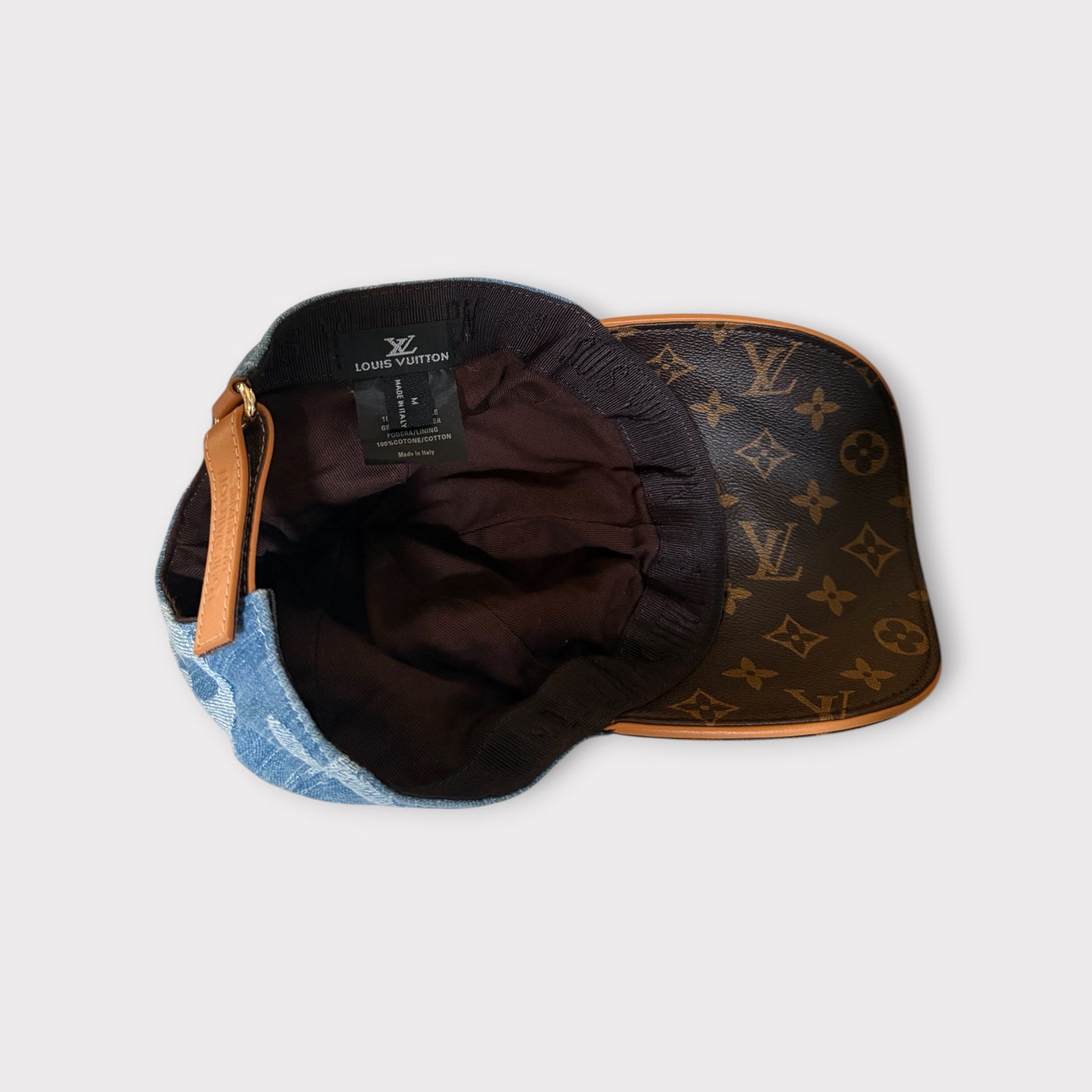 LV Style Monogram Denim and Brown Leather Baseball Cap Adjustable Strap