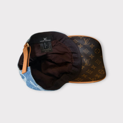 LV Style Monogram Denim and Brown Leather Baseball Cap Adjustable Strap