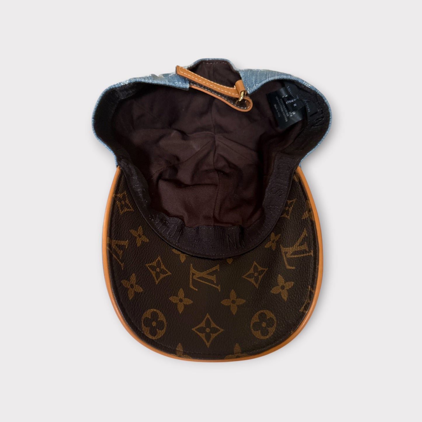 LV Style Monogram Denim and Brown Leather Baseball Cap Adjustable Strap