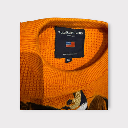 Vintage 90s Polo Ralph Lauren Polo Player Equestrian Knit Sweater Orange XL Distressed
