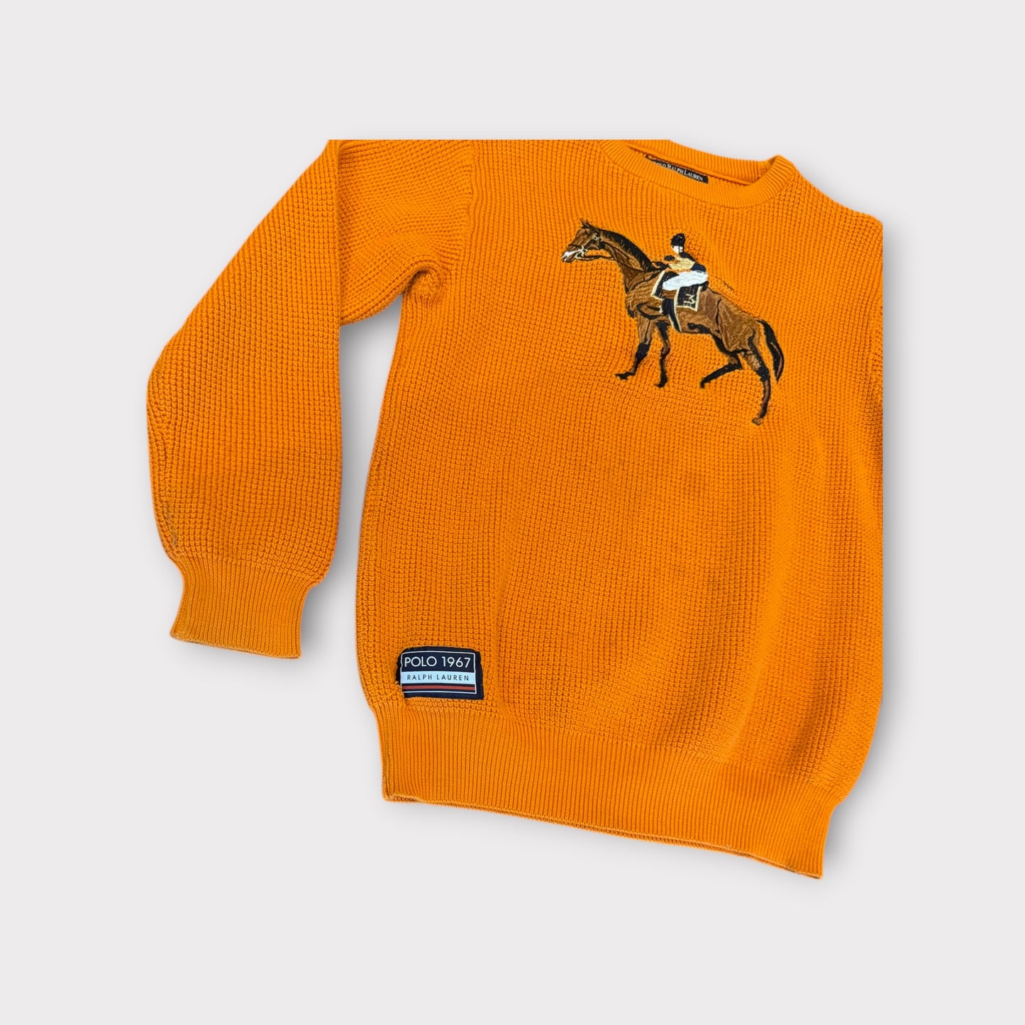 Vintage 90s Polo Ralph Lauren Polo Player Equestrian Knit Sweater Orange XL Distressed