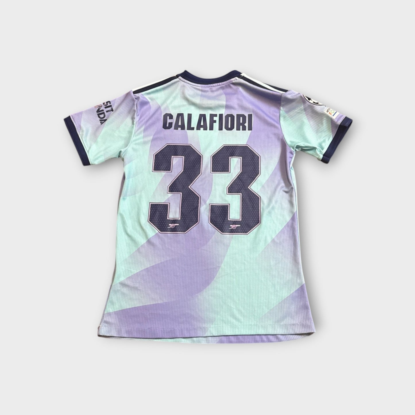 Arsenal 2024/25 Aqua Third Jersey Riccardo Calafiori #33 UEFA Foundation Size Small