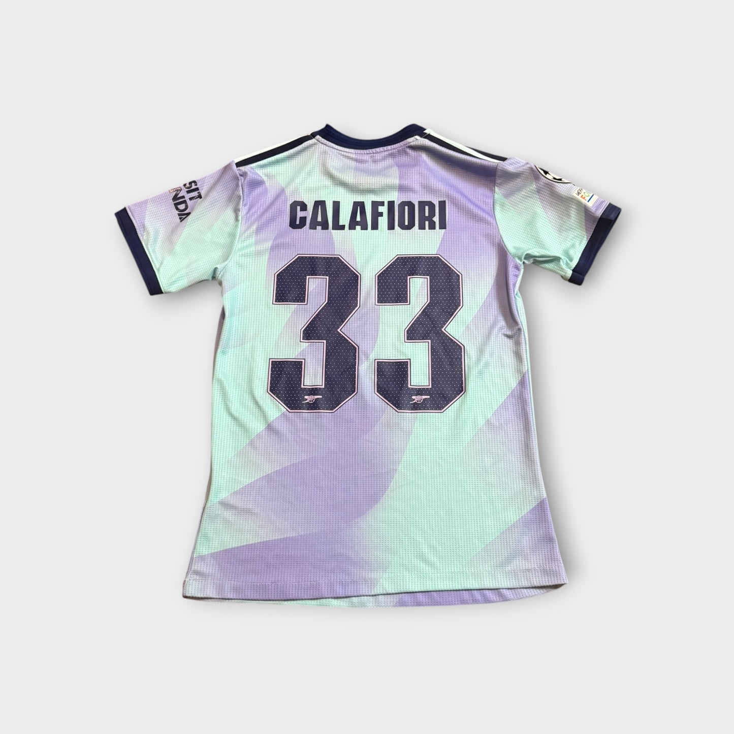 Arsenal 2024/25 Aqua Third Jersey Riccardo Calafiori #33 UEFA Foundation Size Small