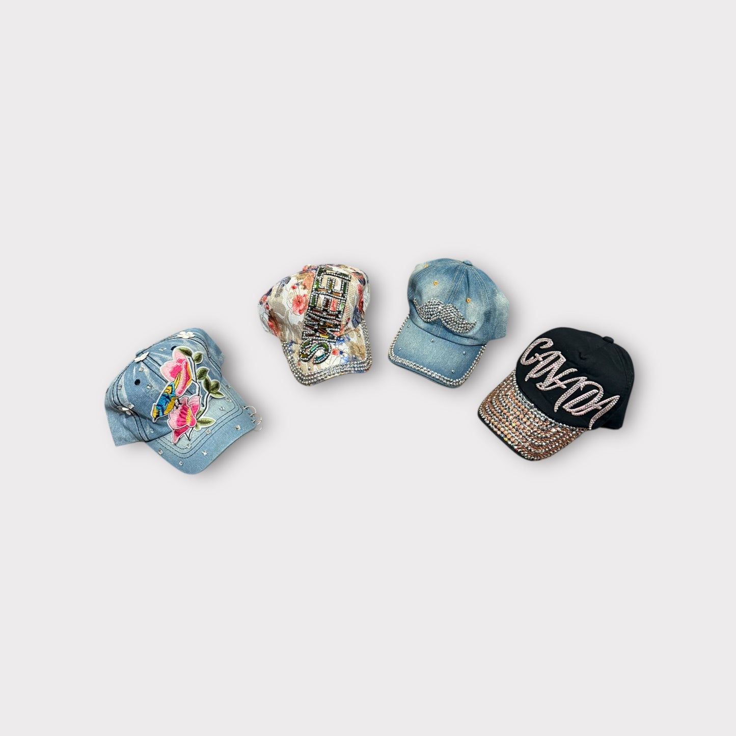 Set of 4 Glitter & Denim Adjustable Caps – Flower, Mustache, Sweet & Canada Designs