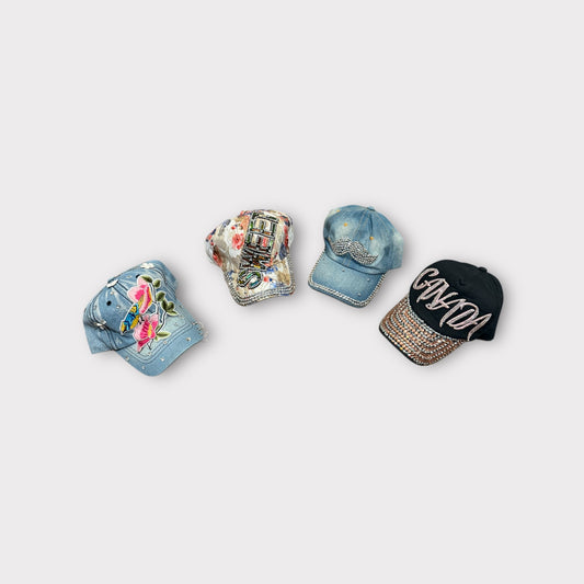 Set of 4 Glitter & Denim Adjustable Caps – Flower, Mustache, Sweet & Canada Designs