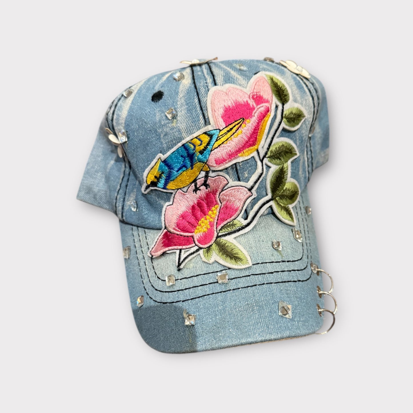 Set of 4 Glitter & Denim Adjustable Caps – Flower, Mustache, Sweet & Canada Designs