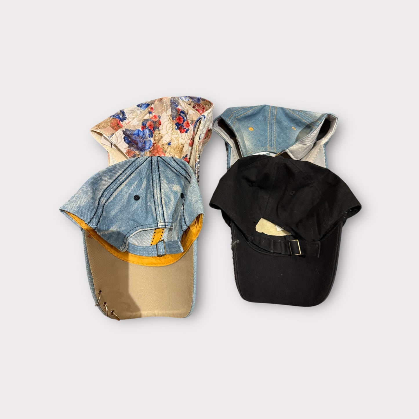 Set of 4 Glitter & Denim Adjustable Caps – Flower, Mustache, Sweet & Canada Designs