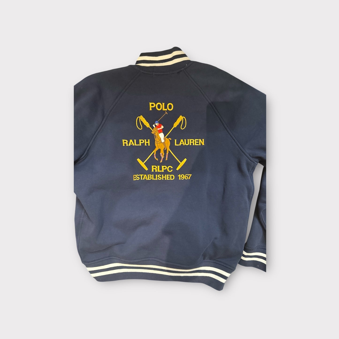 New Polo Ralph Lauren Navy Equestrian Crest Fleece Baseball Jacket – Men’s Medium – Gold Pony