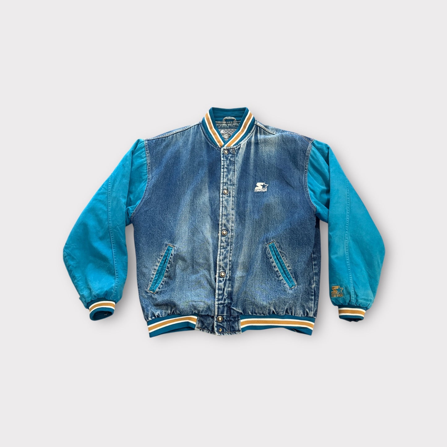 Starter Sport Vintage Rare Varsity Denim Jacket Distressed Quilt Lined  Large