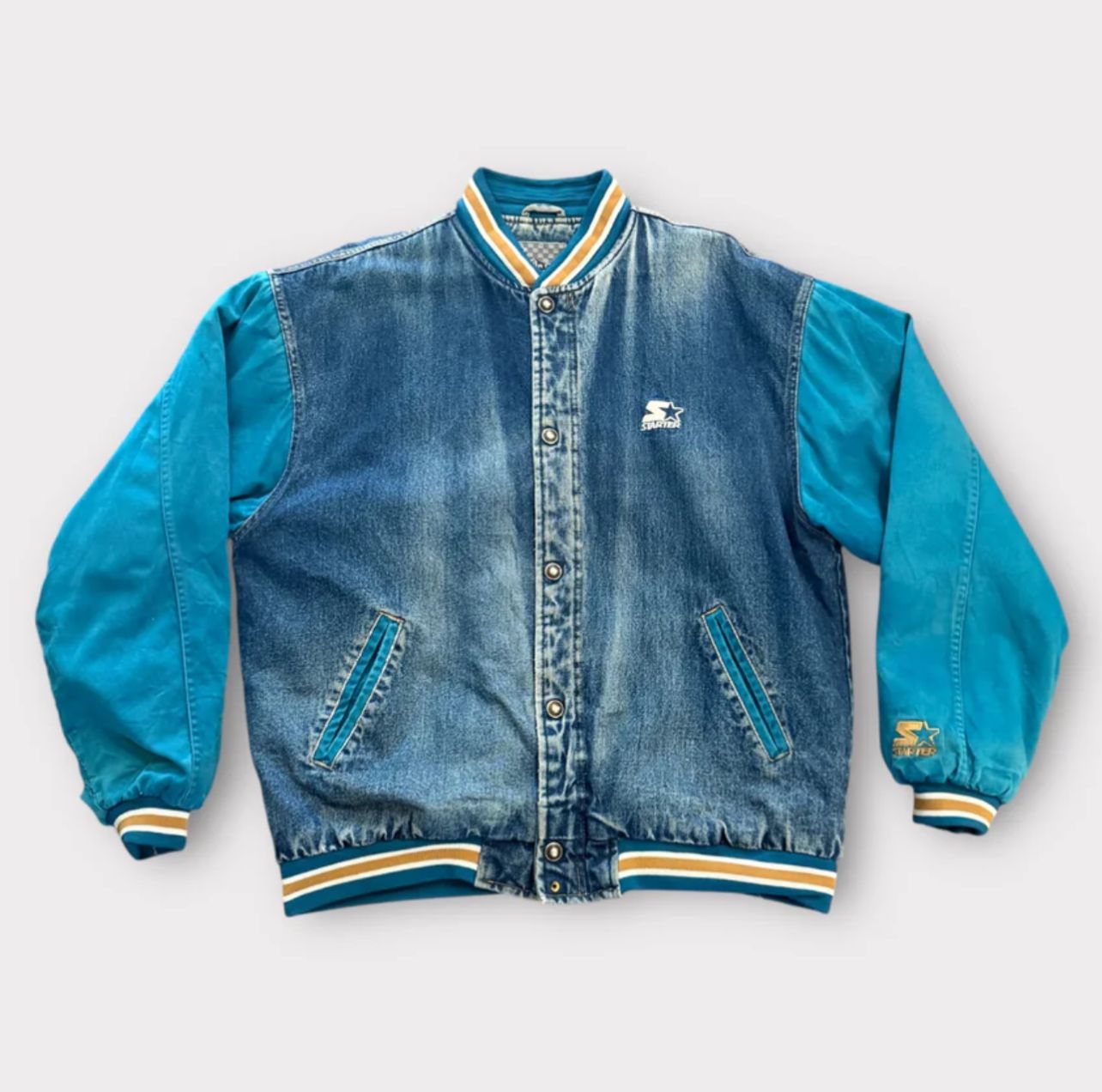 Starter Sport Vintage Rare Varsity Denim Jacket Distressed Quilt Lined  Large