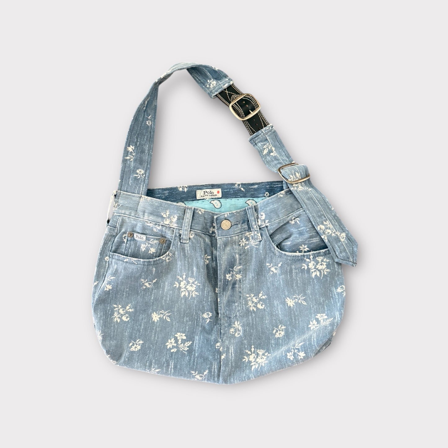 Reworked Polo Denim Bag – Floral Patchwork | Adjustable Strap | Sustainable Upcycled Design
