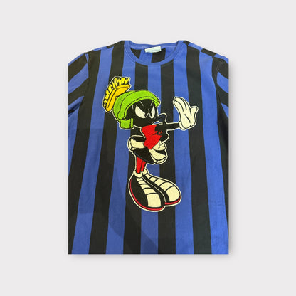 Mens Space Jam Marvin the Martian Referee T-Shirt L – Blue & Black Stripes, Good Condition