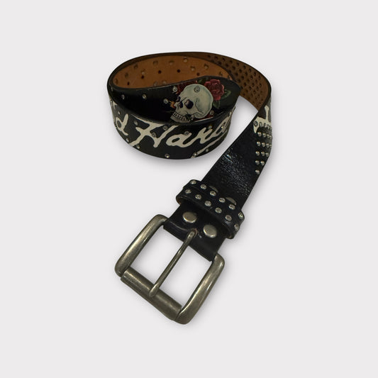 Vintage Ed Hardy Skull Tiger Studded Belt – 37” – Black/Red/White