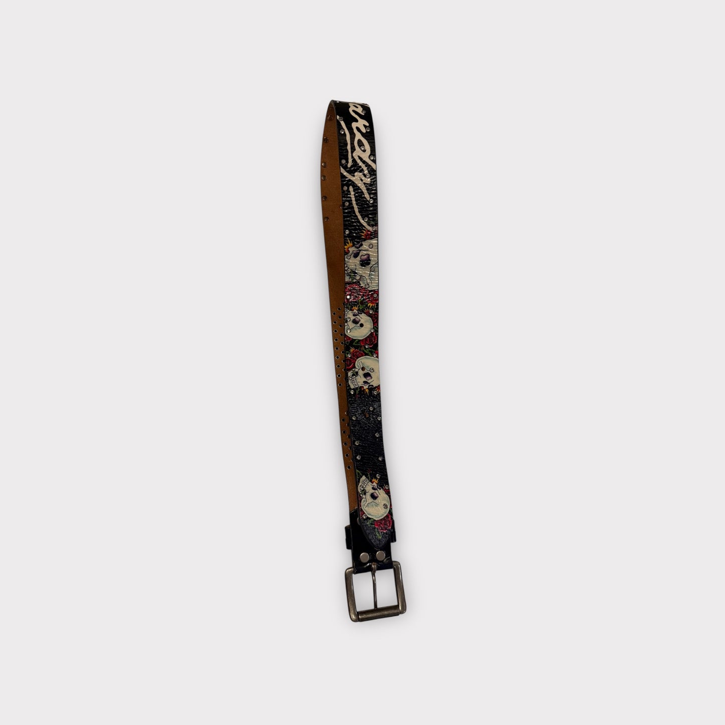 Vintage Ed Hardy Skull Tiger Studded Belt – 37” – Black/Red/White