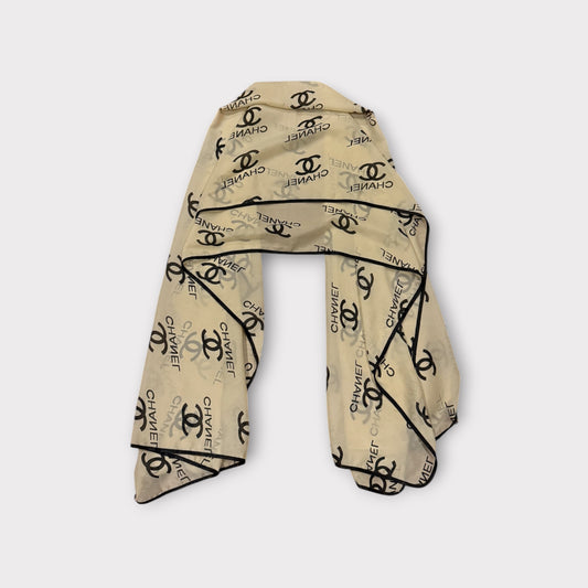 Chanel Style Chiffon Scarf Beige Black Lightweight All Over Print Designer Inspired Accessory 29.5 by 56.5 Inches