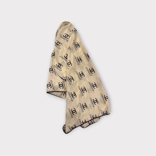 Chanel Style Chiffon Scarf Beige Black Lightweight All Over Print Designer Inspired Accessory 29.5 by 56.5 Inches