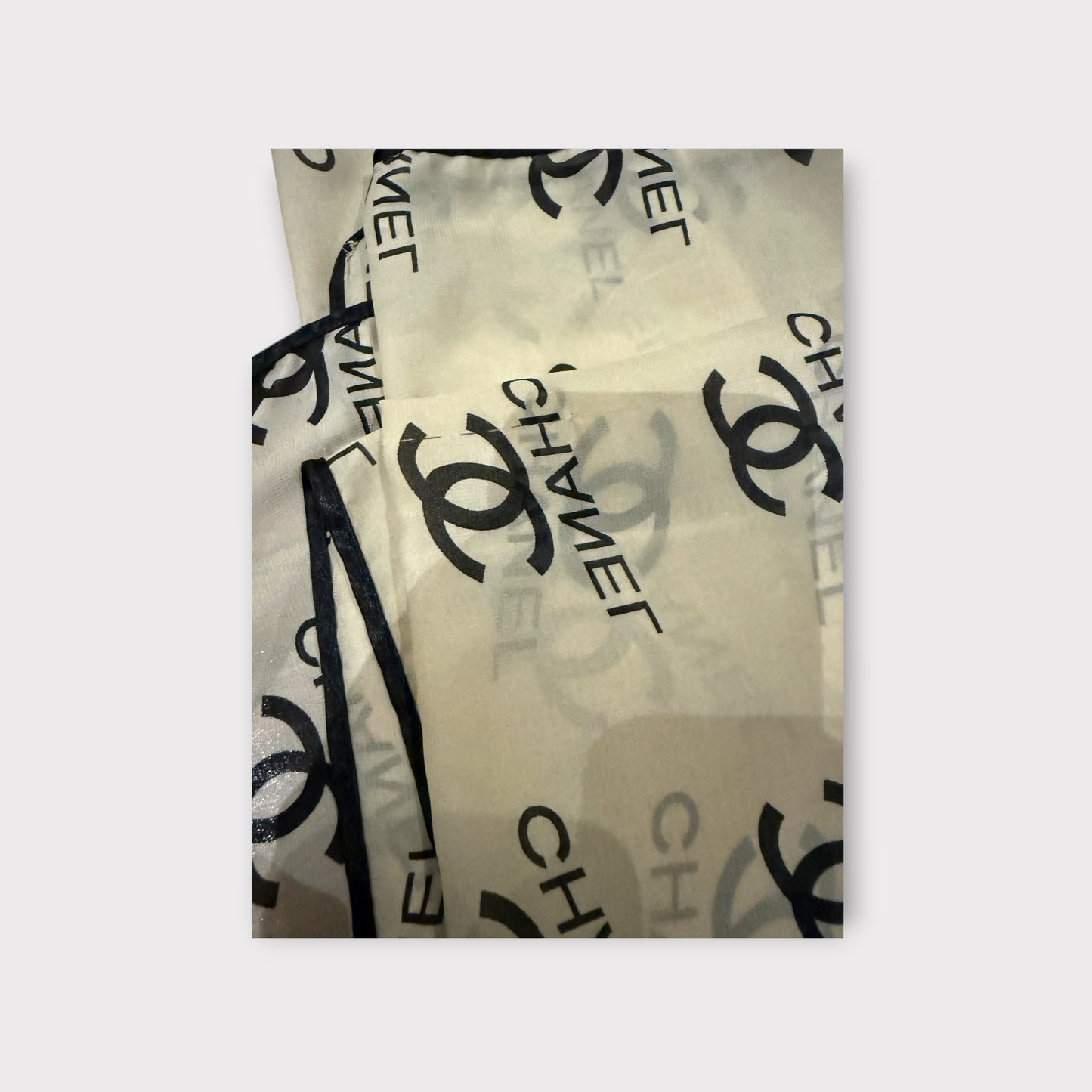 Chanel Style Chiffon Scarf Beige Black Lightweight All Over Print Designer Inspired Accessory 29.5 by 56.5 Inches
