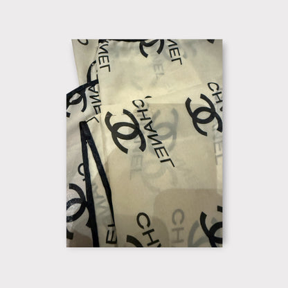 Chanel Style Chiffon Scarf Beige Black Lightweight All Over Print Designer Inspired Accessory 29.5 by 56.5 Inches