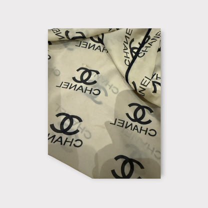 Chanel Style Chiffon Scarf Beige Black Lightweight All Over Print Designer Inspired Accessory 29.5 by 56.5 Inches