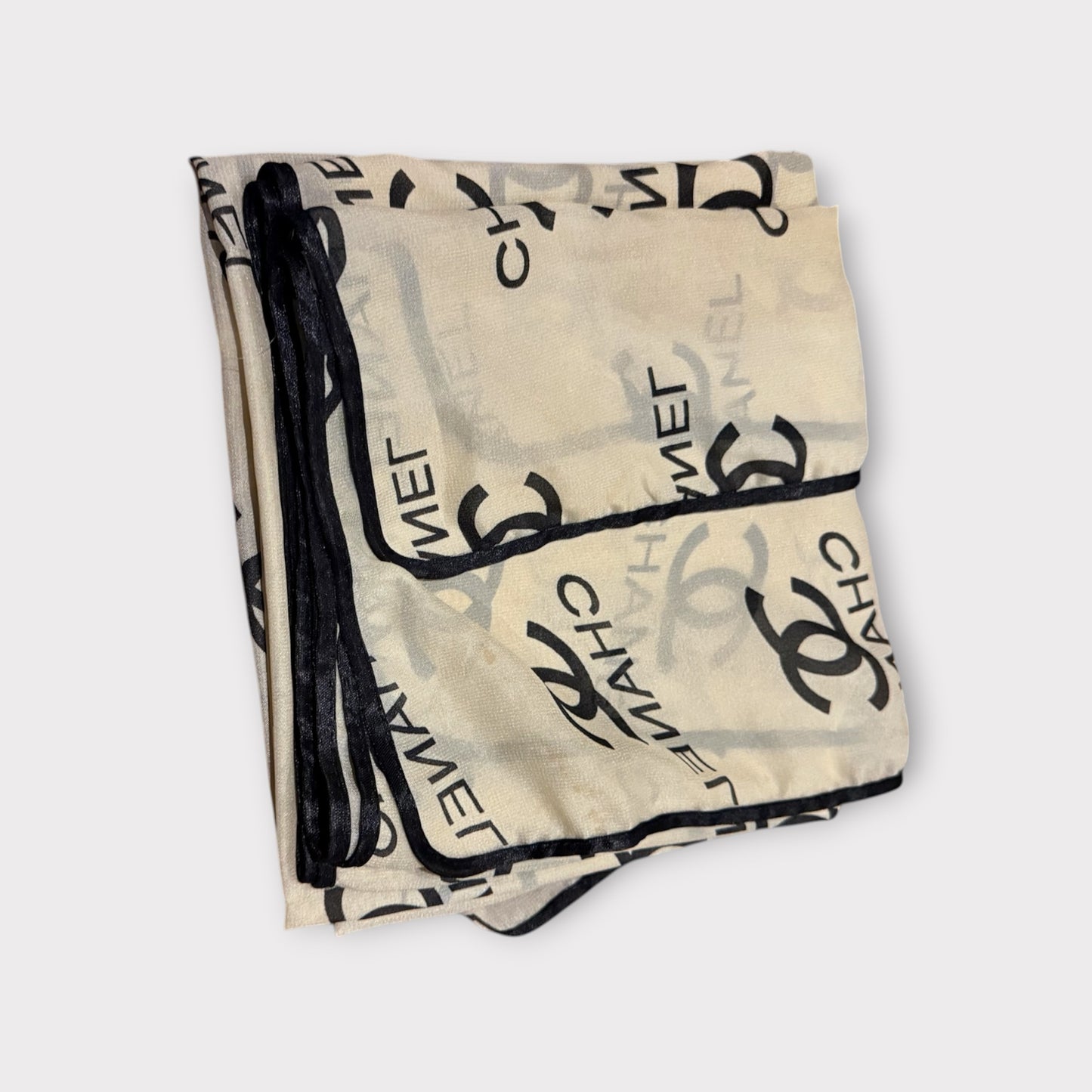 Chanel Style Chiffon Scarf Beige Black Lightweight All Over Print Designer Inspired Accessory 29.5 by 56.5 Inches
