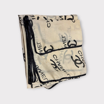 Chanel Style Chiffon Scarf Beige Black Lightweight All Over Print Designer Inspired Accessory 29.5 by 56.5 Inches